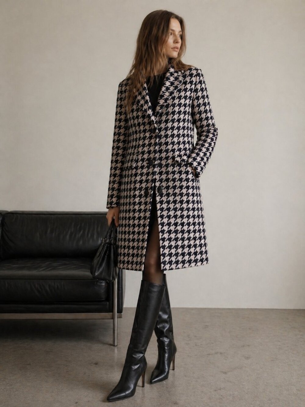 Kate Spade New York Houndstooth Coat Womens M Wool Blend Navy Ivory Button Front